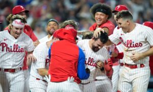 philadelphia phillies kyle schwarber celebrates home run