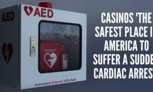 automatic external defibrillator on a dark wall