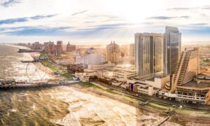 skyline of atlantic city casinos during sunset