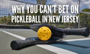 ball and paddles on pickleball court