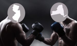 image of two boxers - new jersey and new york - squaring off as new jersey looks to ward off negative effects of potential ny online casino legalization
