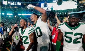 new york jets players celebrate a win at metlife stadium, kicking off an nfl season that has vaulted nj sports betting to record heights