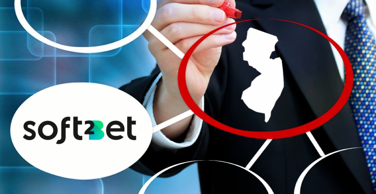 Busnissman next to Soft2Bet logo circles New Jersey, which is the expansion target for the sports betting operator Soft2Bet