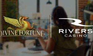Image of a woman during a teleconference with logos from BetRivers and Divine Fortune, a game in which a New Jersey woman won the largest progressive jackpot in history