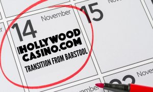 Calendar date of Nov. 14 circling the logo of Hollywood Online Casino, which will transition from Barstool on the same date as the launch of ESPN Bet.
