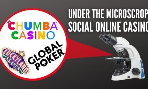 Image of social casino logos next to a microscope for story on if New Jersey will take action against social casinos like Chumba Casino