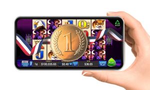 woman holding phone with buffalo new jersey online casino game