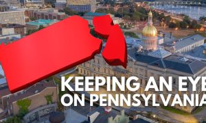 state outlines of new jersey and pennsylvania with trenton background for a story on atlantic city casinos and a smoking ban
