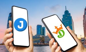 Image of two phones with logos of Jackpocket and DraftKings for story on DraftKings acquring the lottery app for $750 million
