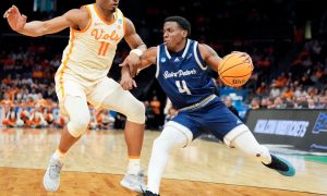 Saint Peter's guard Roy Clarke during the 2024 NCAA tournament for a story on a bill that would ban individual college player props at New Jersey sportsbooks