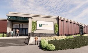 Rendering of the new Caesars Sportsbook retail space at Monmouth Park, which broke ground on the new New Jersey space.