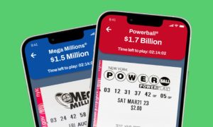 Two phones showing online lottery tickets for a story on Jackpot.com launching in New Jersey