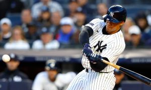 New York Yankees Juan Soto bats against the Oakland Athletics for a story on the April 2024 revenue report for sports betting in New Jersey.