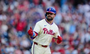 Philadelphia Phillies Kyle Schwarber celebrates a home run for a story on New Jersey sports betting revenue for May 2024.