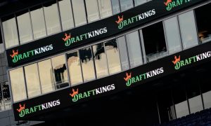 DraftKings signage at Gillette Stadiums for a story on the New Jersey sportsbook getting fined $100,000 for filing incorrect revenue reports.