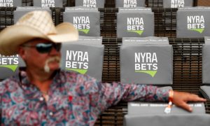 NYRA Bets logos at Belmont Park for a story on the company agreeing to a deal to bring in more New Jersey horse betting apps.