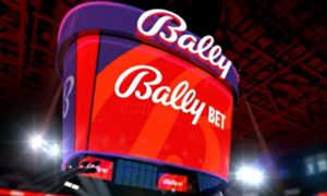 Image of a scoreboard with Bally Bet logo for a story on Bally's aiming to launch online sports betting in New Jersey by the end of 2024.