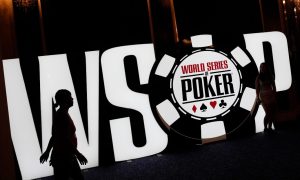 Image of a sign for the World Series of Poker for a story on Caesars selling WSOP and its effect on the New Jersey gambling market.