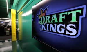 DraftKings logo at company headquarters for a story on the gaming tax surcharge not affect New Jersey sports betting users.