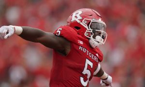 Rutgers running back Kyle Monangai celebrates against Akron.