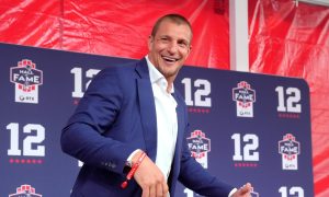 Former NFL tight end Rob Gronkowski at Patriots Hall of Fame induction ceremony