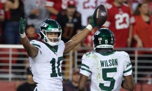 Image of New York Jets' Allen Lazard for a story on big wins showing the value of shopping around for the best New Jersey sports betting promotions.