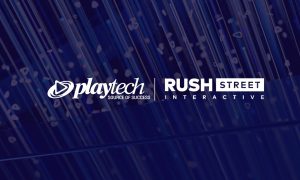 Image of logos for Playtech and Rush Street for a story on BetRivers Casino getting more New Jersey online casino titles thanks to a new partnership.