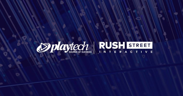 Image of logos for Playtech and Rush Street for a story on BetRivers Casino getting more New Jersey online casino titles thanks to a new partnership.