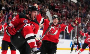 New Jersey Devils' Stefan Noesen scores against the Buffalo Sabres.