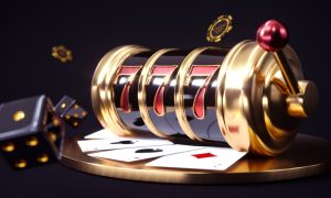 Slot machine showing 777 with dice rolling.
