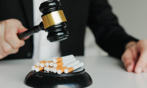 a gavel coming down on a stack of cigarettes
