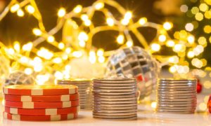 poker chips and coins in a winter setting