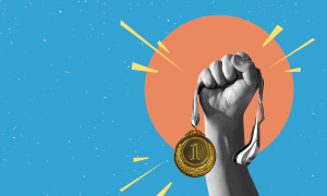 an animation of a hand holding up a first place medal