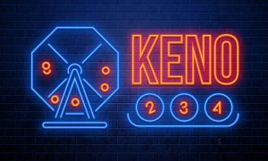 a digital light that says keno and features a drawing tumbler and balls