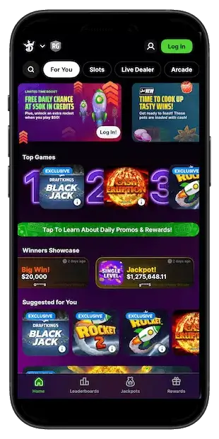 DraftKings Casino app screenshot showing the casino lobby
