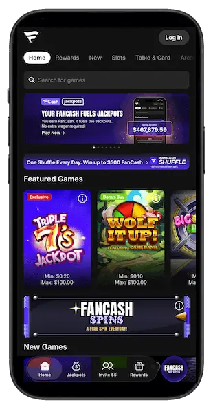 Fanatics Casino app screenshot showing the casino lobby