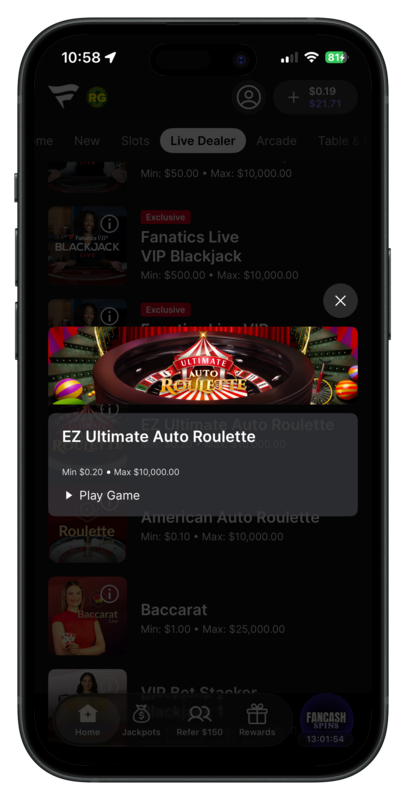 Fanatics Casino EZ Ultimate Auto Roulette