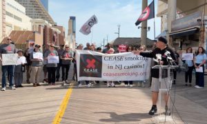 NJ casino workers rally to pressure Gov. Mikie Sherrill to close the state’s long-standing casino smoking loophole.
