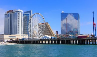 Atlantic City boardwalk and casino skyline view from the pier