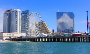Atlantic City boardwalk casinos including Hard Rock and the observation wheel