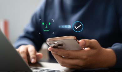 Smartphone showing a facial scan icon and verification checkmark