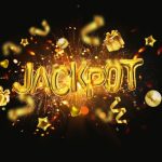 Gold balloon letters spelling JACKPOT surrounded by confetti and fireworks