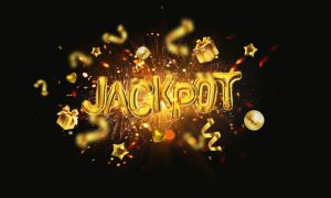 Gold balloon letters spelling JACKPOT surrounded by confetti and fireworks