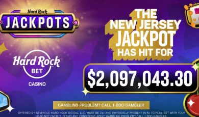 Hard Rock Bet Casino graphic showing New Jersey jackpot win of $2,097,043.30