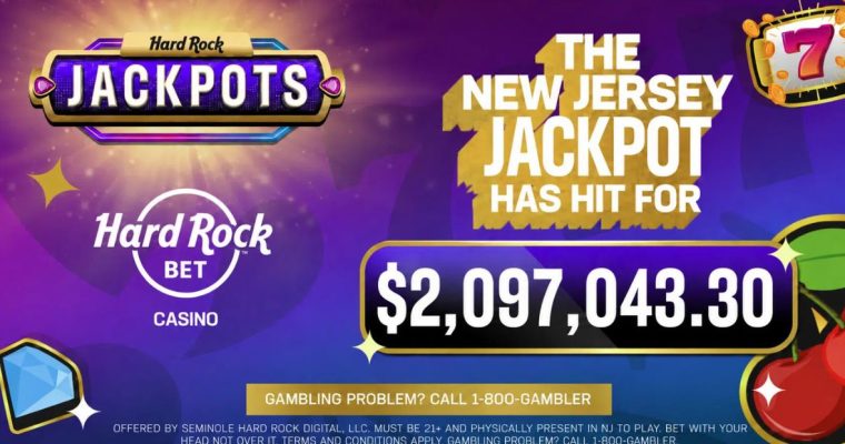 Hard Rock Bet Casino graphic showing New Jersey jackpot win of $2,097,043.30