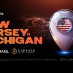 Yggdrasil and Caesars Entertainment logos over a New Jersey and Michigan map graphic