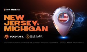 Yggdrasil and Caesars Entertainment logos over a New Jersey and Michigan map graphic