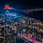 Aerial night view of Ocean Casino Resort tower in Atlantic City