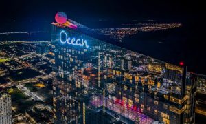 Aerial night view of Ocean Casino Resort tower in Atlantic City