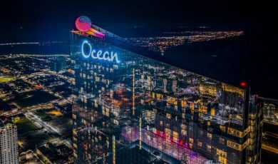 Aerial night view of Ocean Casino Resort tower in Atlantic City
